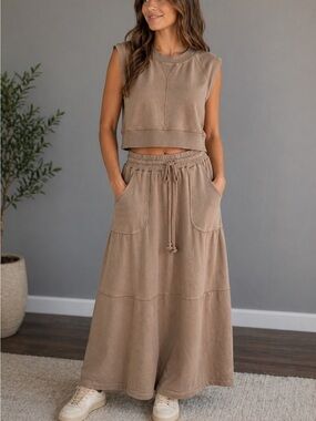 LaBiz Boutique Flowy Tiered Maxi Skirt in Mocha and Matching Sleeveless Crop Top